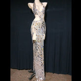 Sparkly Silver Mirror Rhinestone Hollow Long Dress